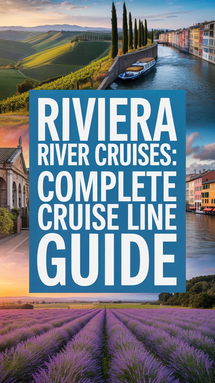 A striking product advertisement for Riviera River Cruises features a vibrant collage of European landscapes – rolling vineyards in Tuscany, charming canals of Amsterdam, and sun-drenched lavender fields in Provence – arranged artfully to evoke a sense of adventure and discovery. Overlaid on this collage, a large, rectangular box in a deep azure blue prominently displays the text "Riviera River Cruises: Complete Cruise Line Guide" in bold, clean white lettering, ensuring immediate attention. The composition utilizes a warm, slightly desaturated color palette with a focus on natural textures and scenic beauty, creating an inviting and aspirational mood. The overall aesthetic aims to convey a sense of luxury and effortless exploration, omitting a cruise ship image to focus on the destinations themselves and highlight the “Complete Cruise Line Guide”.
