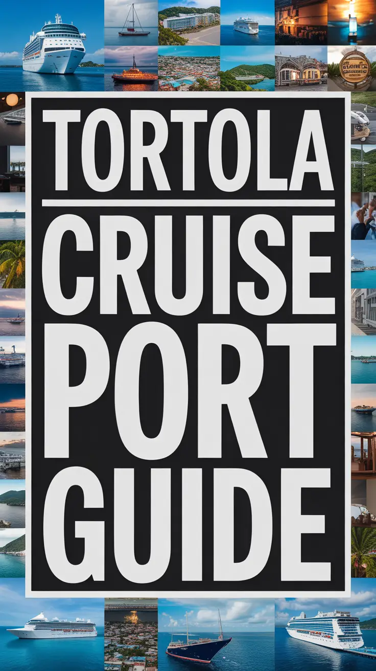 Big text overlay: Tortola Cruise Port Guide. It's designed to immediately grab attention with its thick, distinctive lettering set prominently in a big box, utilizing a simple yet striking bold white color for maximum visibility. Surrounding this eye-catching typography, a collage of vibrant images. No other text.