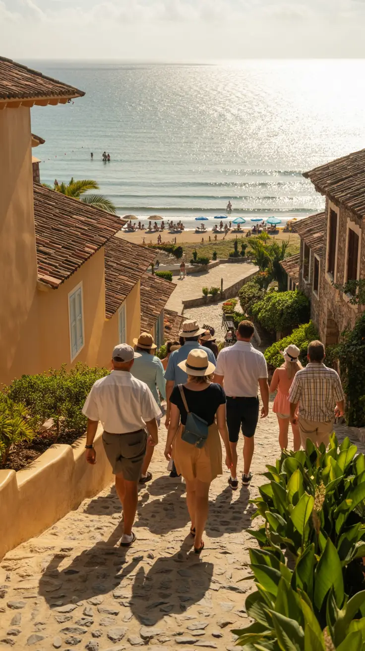 Cruise passengers stroll along a cobblestone path in Altos de Chavón, guided through Mediterranean-style buildings with views of the Caribbean Sea and Minitas Beach in a serene, resort-like setting.