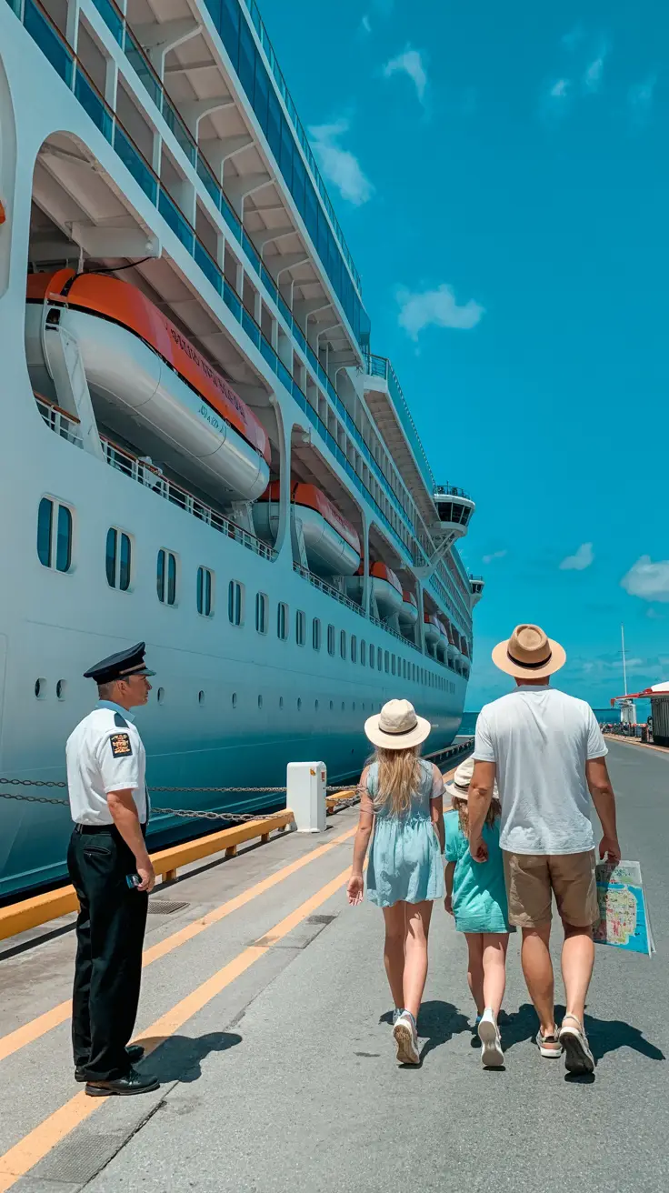 A cruise ship docked at the vibrant port of Amber Cove under a clear blue sky, with a uniformed security officer near the gangway checking passengers as a family of three in summer attire walks past holding a map toward the exit gates.