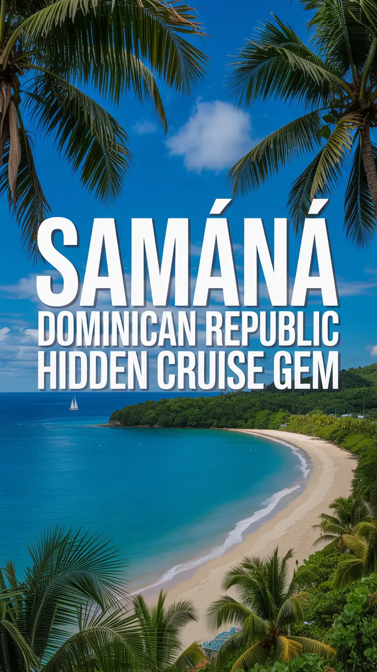 A vibrant travel poster of Samaná, Dominican Republic, featuring a crescent beach with turquoise waters, white sand, swaying palm trees, and a sailboat under a blue sky.