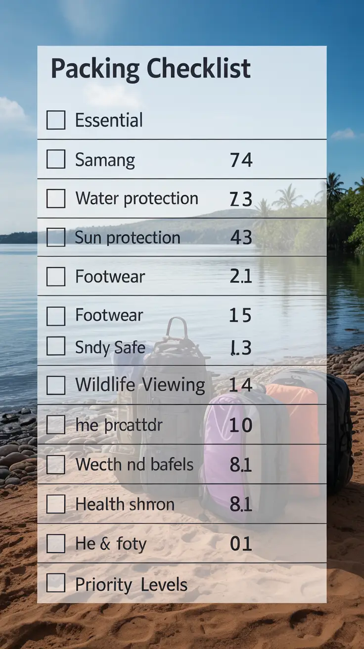 Photo of a table displaying a Samaná packing checklist with prioritized essentials for water and sun protection, suitable footwear, wildlife viewing, and health and safety items.
