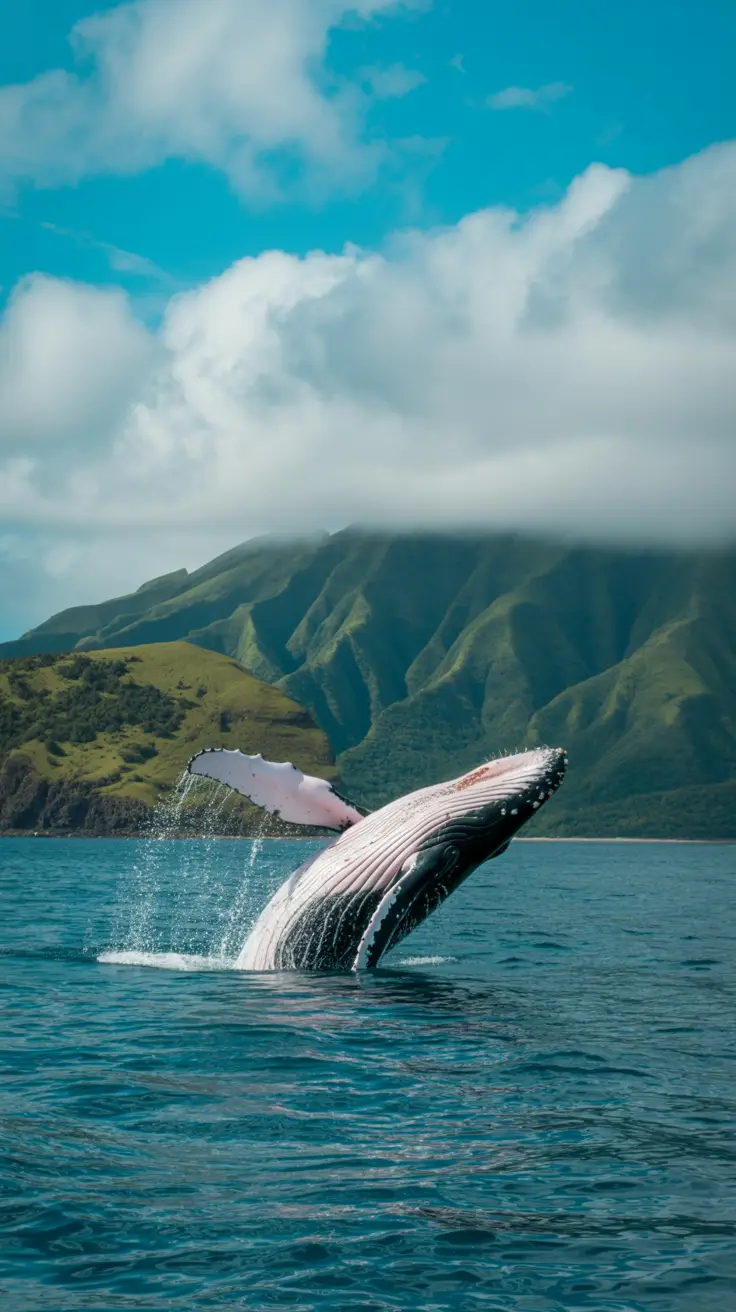 A humpback whale breaches dramatically from the turquoise ocean under a bright blue sky, with lush green hills rising in the background and puffy white clouds drifting overhead, evoking tranquil tropical weather and suggesting the perfect season to visit.