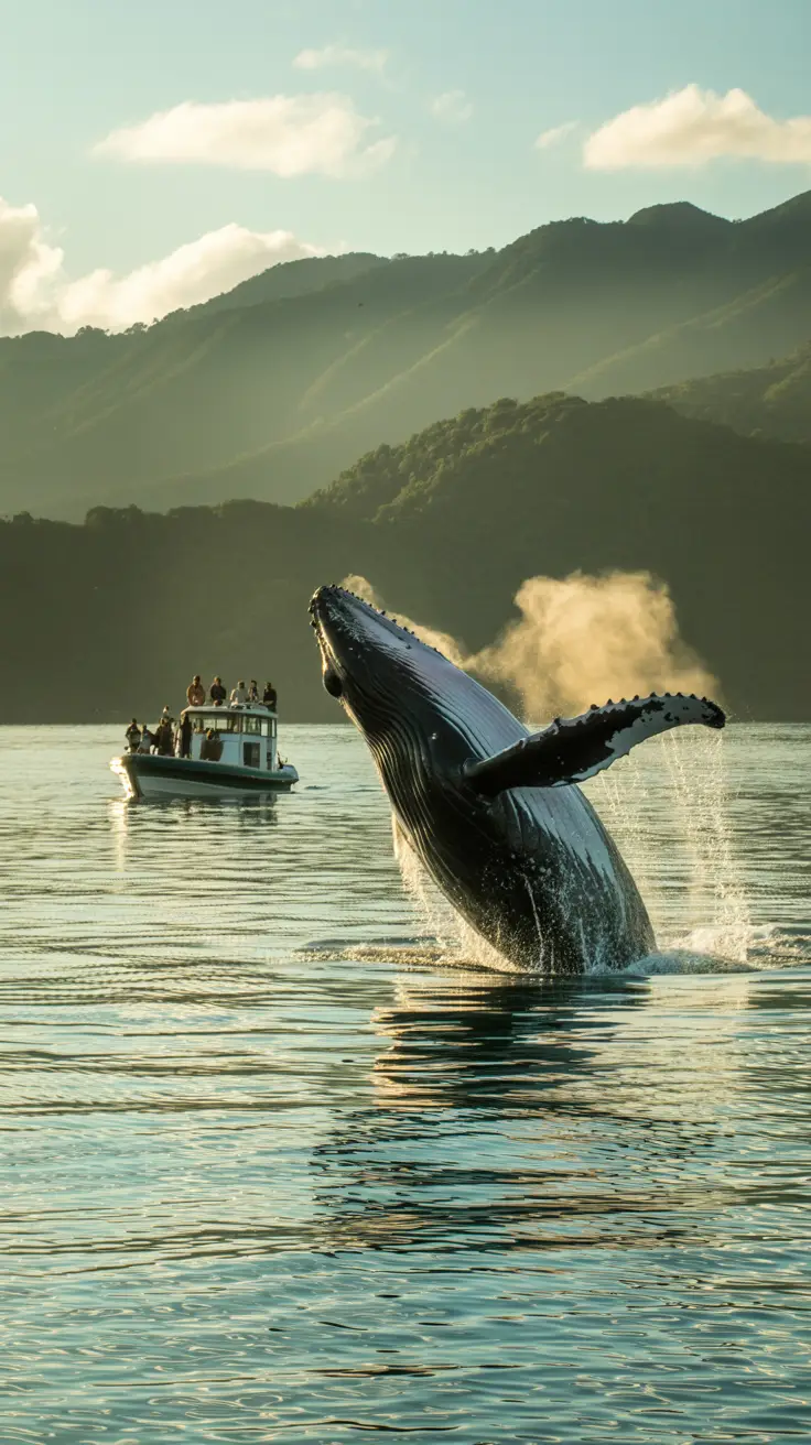 A majestic humpback whale breaches the turquoise waters off the coast of Samaná Bay, its massive body arcing above the sea against a backdrop of lush green hills. A small boat floats nearby, silhouetted by the morning light, with a group of wide-eyed watchers leaning over the railing. Gentle ripples trail across the surface, catching the golden glow of the rising sun.