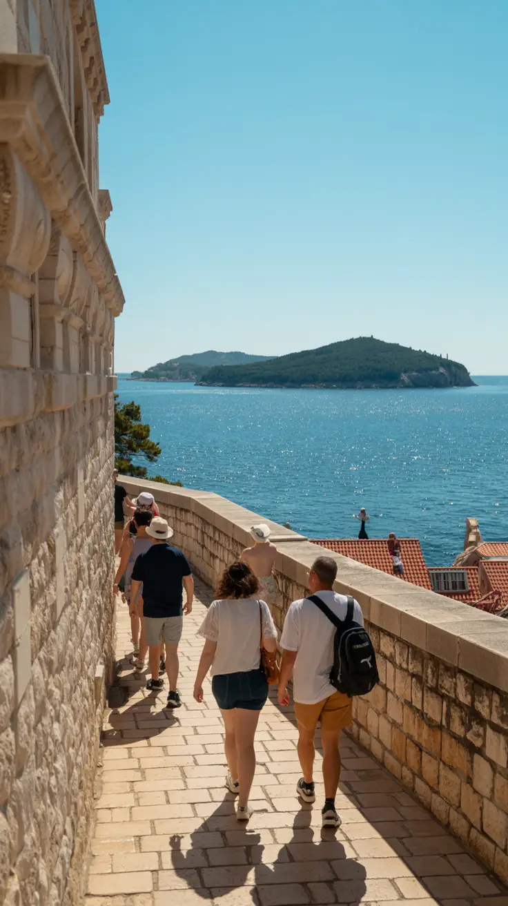 A bright, sunny day shows a small group of cruise passengers walking along Dubrovnik’s ancient stone walls, the deep blue Adriatic Sea sparkling in the background.