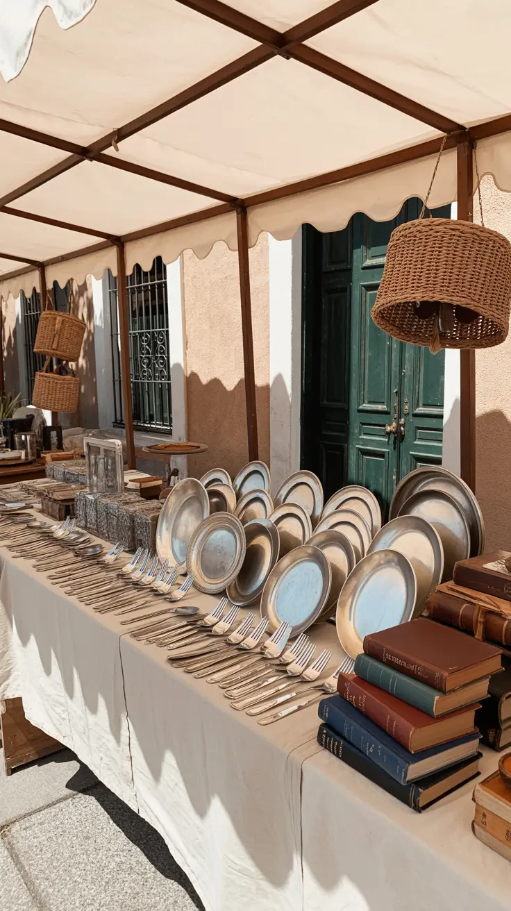 A sunlit antique stall at Santa Eulalia's Wednesday Market displaying polished silverware and vintage books on white linen.