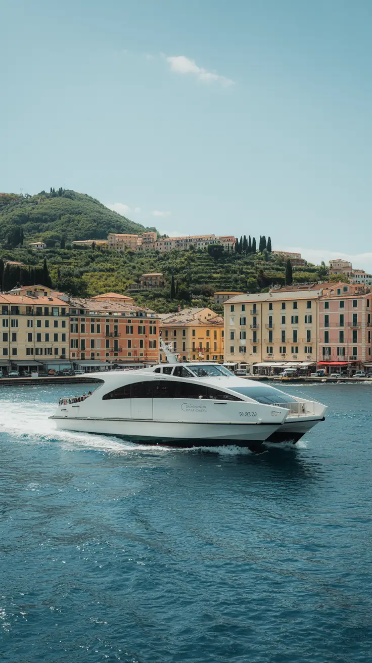 A sleek white ferry glides over sparkling blue water, with green hills and pastel buildings of Santa Margherita in the background under a clear, sunlit sky.