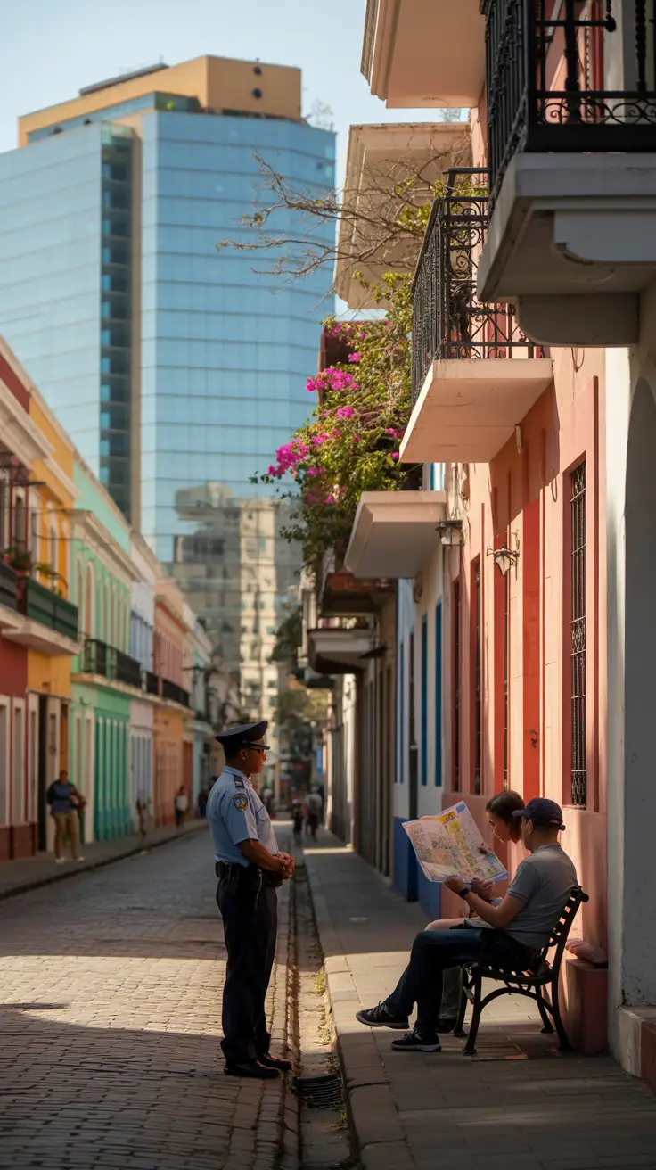A high-resolution photograph taken at golden hour shows a quiet cobblestone street in Santo Domingo's Colonial Zone, lined with colorful colonial-era buildings with wrought-iron balconies and blooming bougainvillea. In the background, a modern glass-and-steel skyscraper reflects the warm light, contrasting old and new. A uniformed local police officer stands at a corner, calmly observing as a couple of tourists check a paper map near a shaded bench. The shadows are long and soft, adding warmth and depth to the peaceful urban scene.