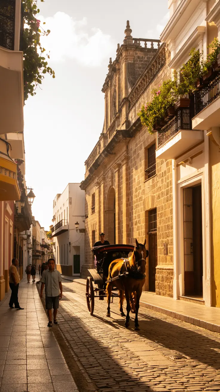 A golden afternoon sun casts warm light onto the cobblestone streets of Santo Domingo’s Colonial Zone, illuminating centuries-old stone buildings with Spanish balconies draped in flowering vines. A horse-drawn carriage waits beside the grand façade of the Catedral Primada, its weathered limestone glowing softly. Shadows stretch long beneath swaying palm trees, and locals stroll past in relaxed motion, blending everyday life with layers of history.