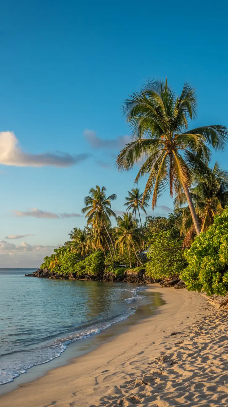 A high-resolution photograph captures a sun-drenched beach in Santo Domingo during the dry season—early morning light glows over calm turquoise waters, gently lapping against pale golden sand. Tall palm trees sway lightly in a warm breeze under a clear, vivid blue sky dotted with a few soft white clouds. In the background, lush green foliage rises from the shore, untouched by storms, highlighting the serene beauty of visiting before hurricane season.
