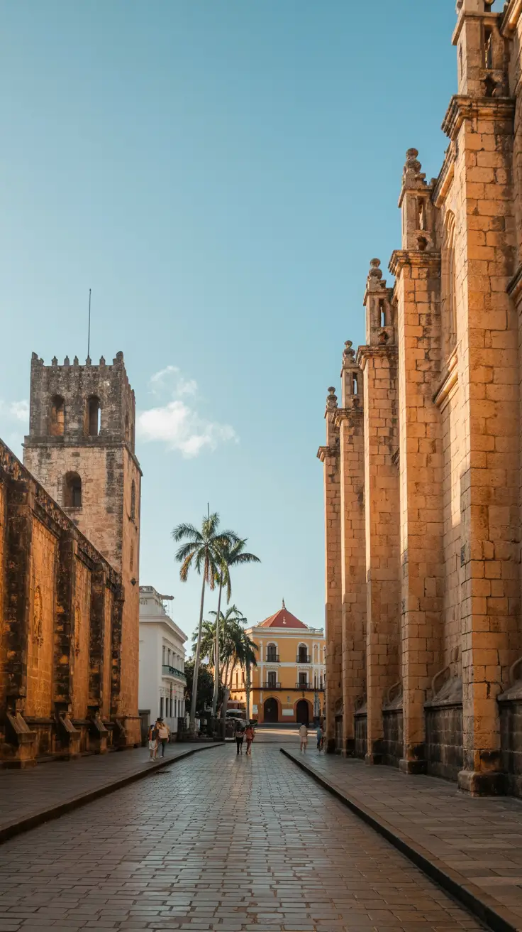 A high-resolution photograph captures a sun-drenched cobblestone plaza in Santo Domingo's Zona Colonial. In the foreground, the weathered stone walls of the First Cathedral rise with intricate Gothic details, their shadows stretching toward the viewer. To the left, the imposing Fortaleza Ozama stands guard with its ancient tower, while the soft, golden light of late afternoon bathes the nearby Alcázar de Colón in a warm glow. Palm trees sway gently against a clear blue sky, and a few people stroll leisurely, adding life to the historic scene.