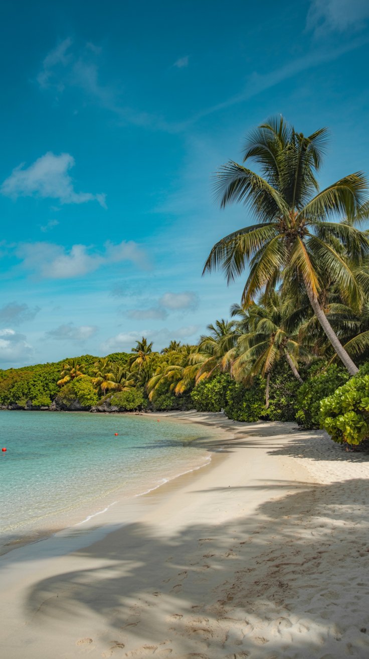 A crystal-clear turquoise sea gently laps against a stretch of powdery white sand, lined with swaying palm trees under a vivid blue sky — all glowing in bright Caribbean sunlight.