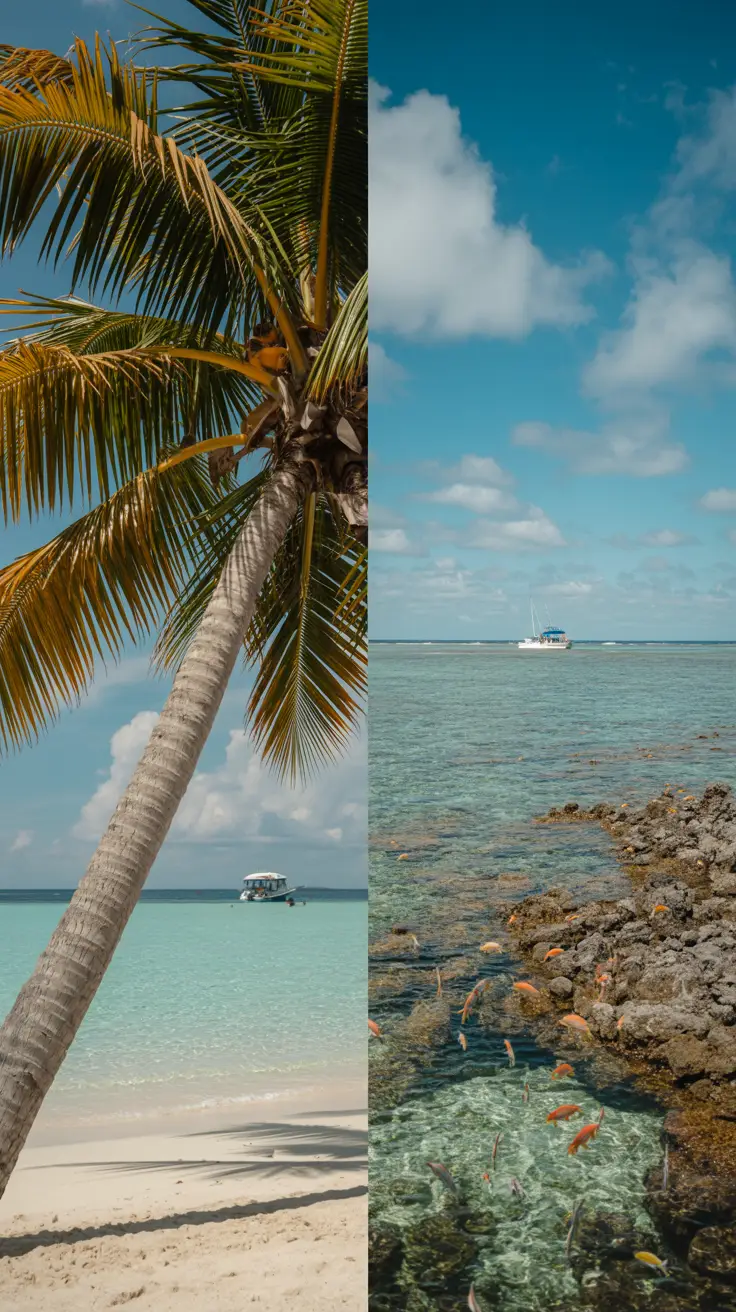 A split-view photograph: on the left, the turquoise waters and soft white sand of Saona Island with a few tall palm trees gently leaning over the beach; on the right, Catalina Island’s rocky shoreline with clear, shallow water revealing vibrant coral and tropical fish just beneath the surface; in the background, a small boat approaches each island under a bright blue sky scattered with fluffy clouds.