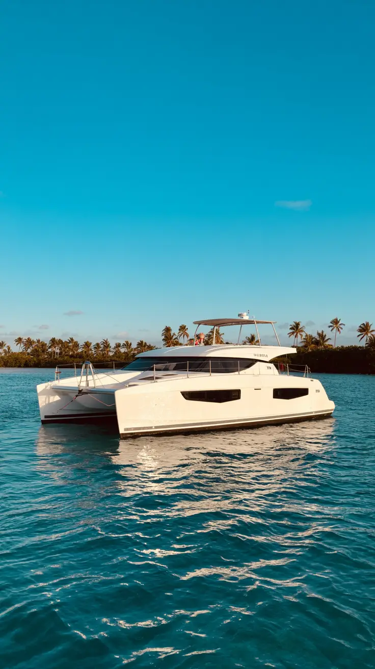 A sleek white catamaran floats on crystal-clear turquoise water at sunset with distant palm-lined shore and a cloudless sky.