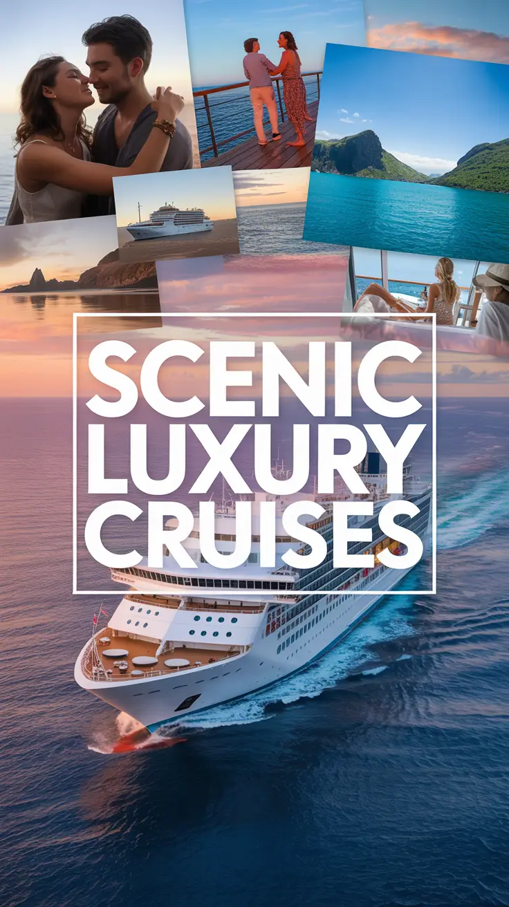 A vibrant lifestyle advertisement for Scenic Luxury Cruises showcasing a luxurious ocean liner at sunset, surrounded by images of happy couples enjoying onboard experiences and coastal views; warm colors and professional lighting convey upscale adventure and tranquility. Alt Tag: Luxury ocean cruise ship at sunset with couples enjoying activities and scenic views, promoting premium travel with warm tones and elegant design.