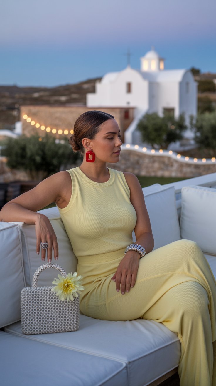 A cinematic photograph captures a moment of serene luxury as a medium-sized woman with sleekly styled hair in a bun sits gracefully on a white outdoor sofa. She wears a form-fitting pale yellow knit jumpsuit, accentuated by bold red statement earrings, a thick silver bracelet, and a matching ring, with one hand casually resting on the sofa beside a decorative white beaded handbag adorned with a delicate yellow flower. Behind her, a traditional white Mediterranean church with a domed roof glows warmly under a soft blue sunset sky, framed by stone walls, olive trees, and rugged terrain illuminated by gentle string lights. The scene is bathed in the golden light of the setting sun, creating a captivating ambiance of relaxation and timeless beauty.