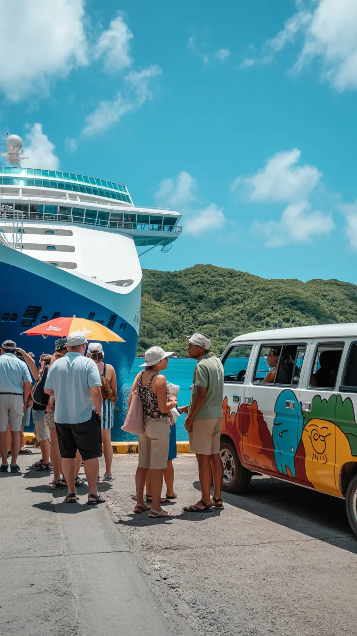 A vibrant port scene at Amber Cove under bright tropical sunlight, featuring cruise passengers near an excursion kiosk with uniformed staff and colorful umbrellas; a smaller group speaks with a local tour guide beside a hand-painted van; lush green hills and a white cruise ship under a vivid Caribbean sky form the backdrop.