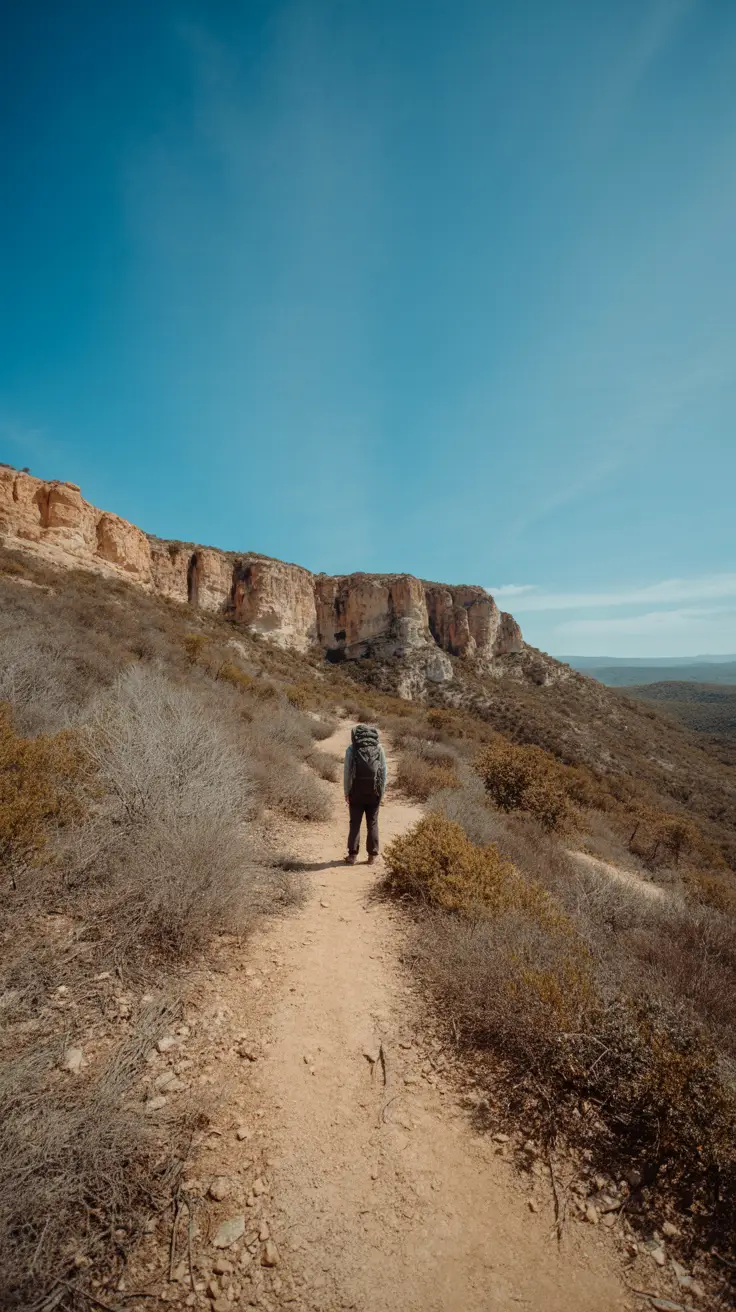 A solitary hiker stands on a sunlit trail in Jaragua National Park, surrounded by dry brush and distant limestone cliffs under a clear blue sky.