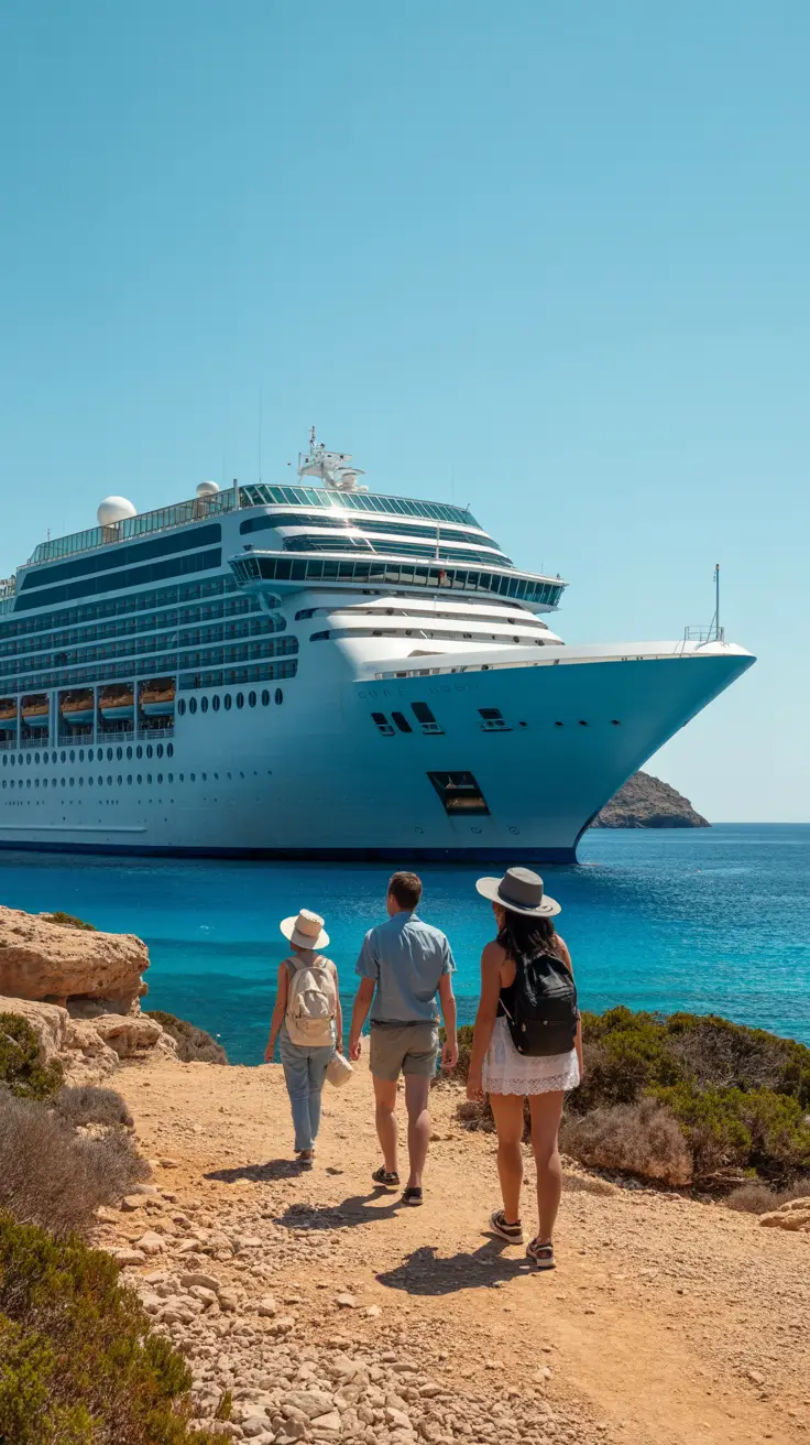 A sleek cruise ship gleams in the sunlight, docked beside Ibiza’s rocky coastline, while a small group of tourists walks toward a dusty trail leading to a hidden cove under a clear blue sky.