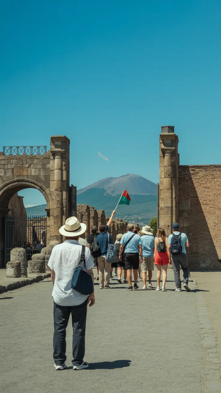 A group of tourists follows a guide holding a colored flag near the ancient stone entrance of Pompeii, while a lone traveler with a sunhat stands apart, gazing toward Mount Vesuvius in the distance under a clear, bright blue sky.