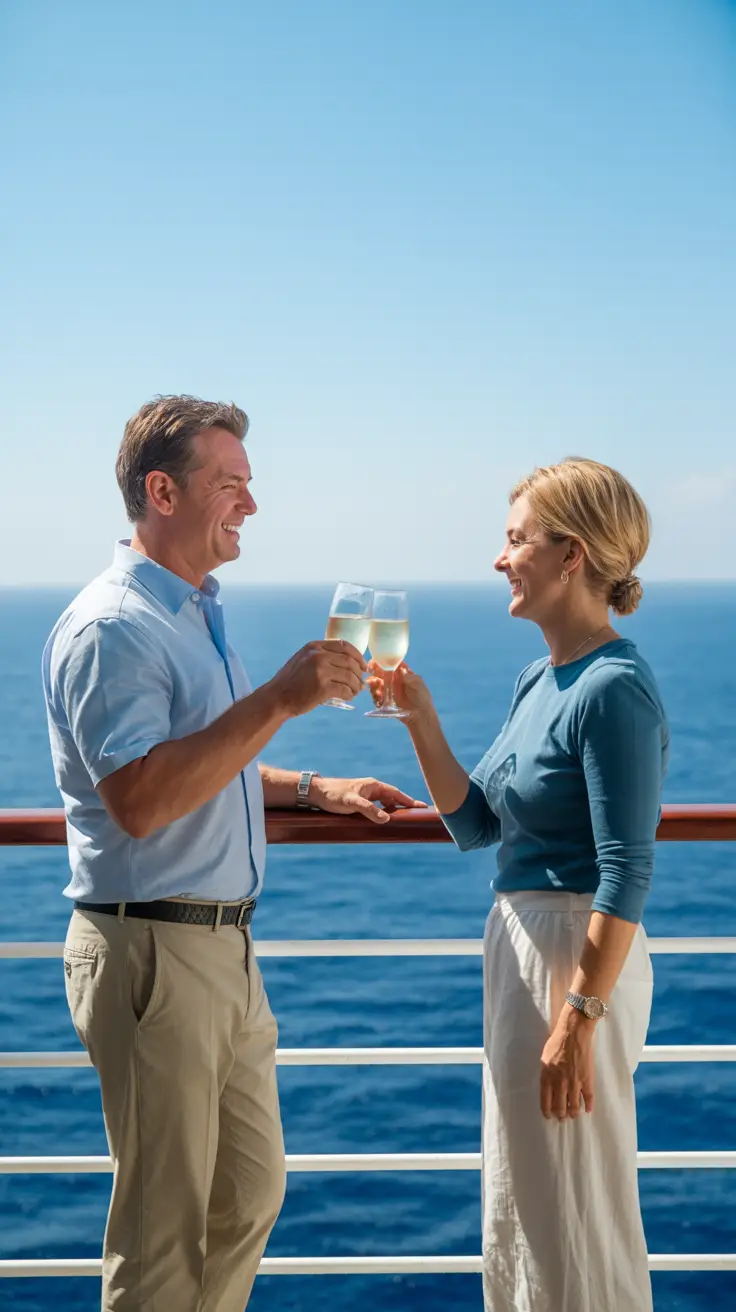 A smiling couple in their 50s clink glasses on a sunlit cruise deck, with endless blue ocean and a clear sky stretching behind them.