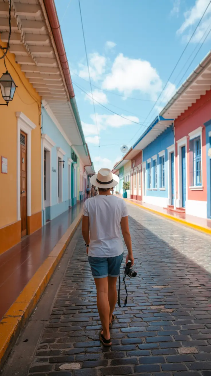 A cruise passenger walks along a colorful, sunlit street in Puerto Plata, lined with vivid colonial buildings.