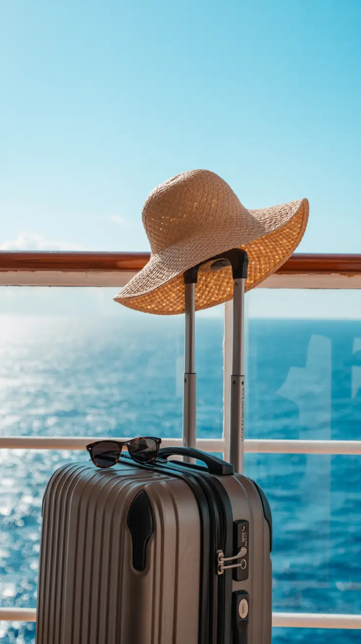 A sleek suitcase rests on a sunlit cruise ship balcony, with a wide straw hat and sunglasses neatly placed on top; the ocean sparkles in the background under a clear blue sky.