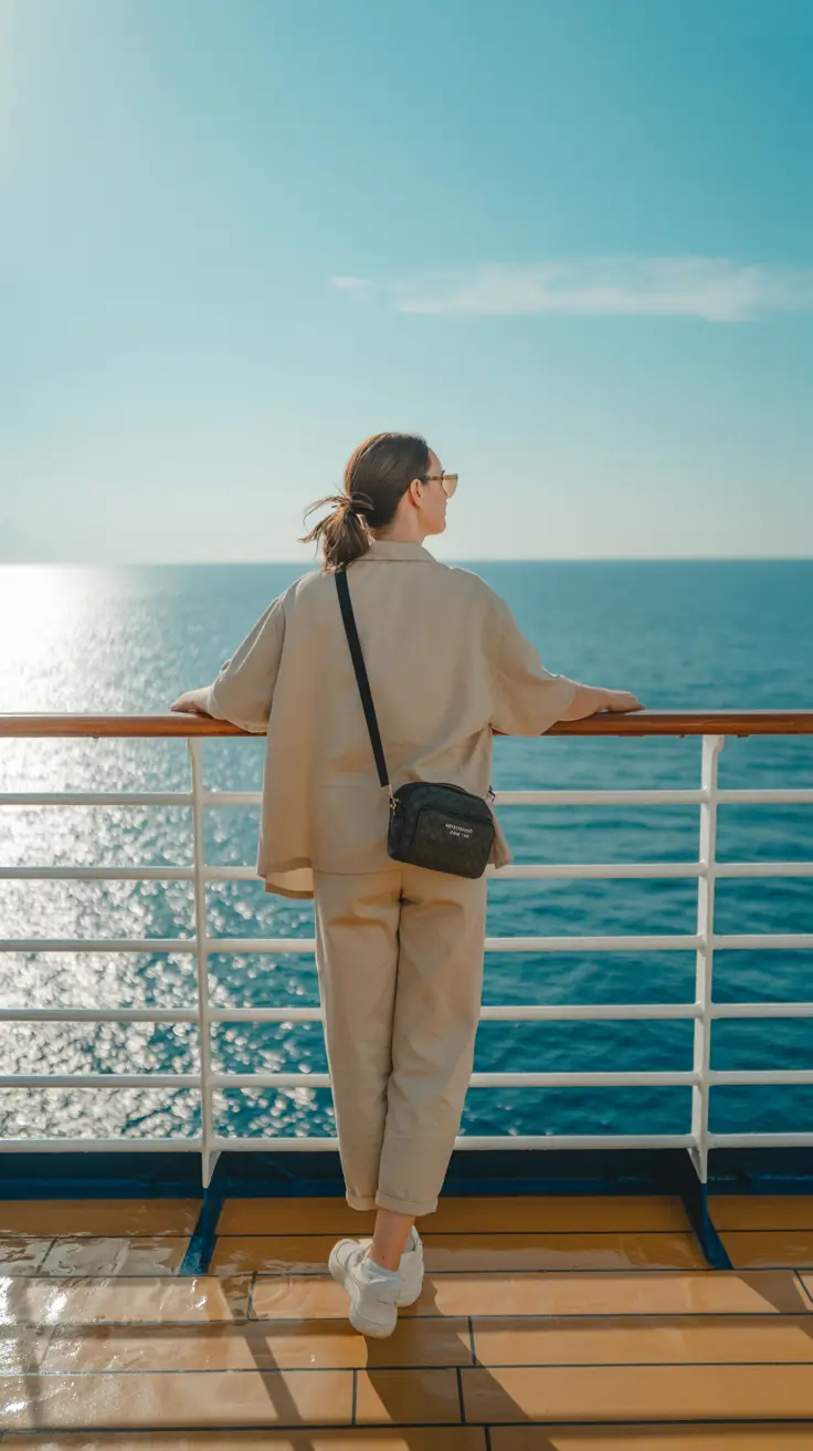 A woman stands alone on a sunlit cruise ship deck, gazing out at the sparkling ocean with calm confidence, a small crossbody bag tucked securely at her side.