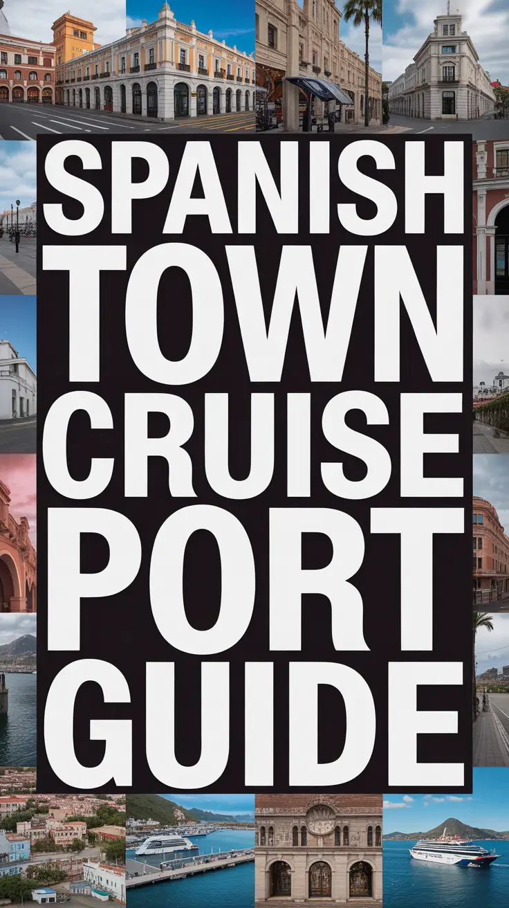 Big text overlay with the phrase "Spanish Town Cruise Port Guide" in bold white lettering inside a prominent box, surrounded by a vibrant collage of realistic images showcasing the cruise port and local scenery.