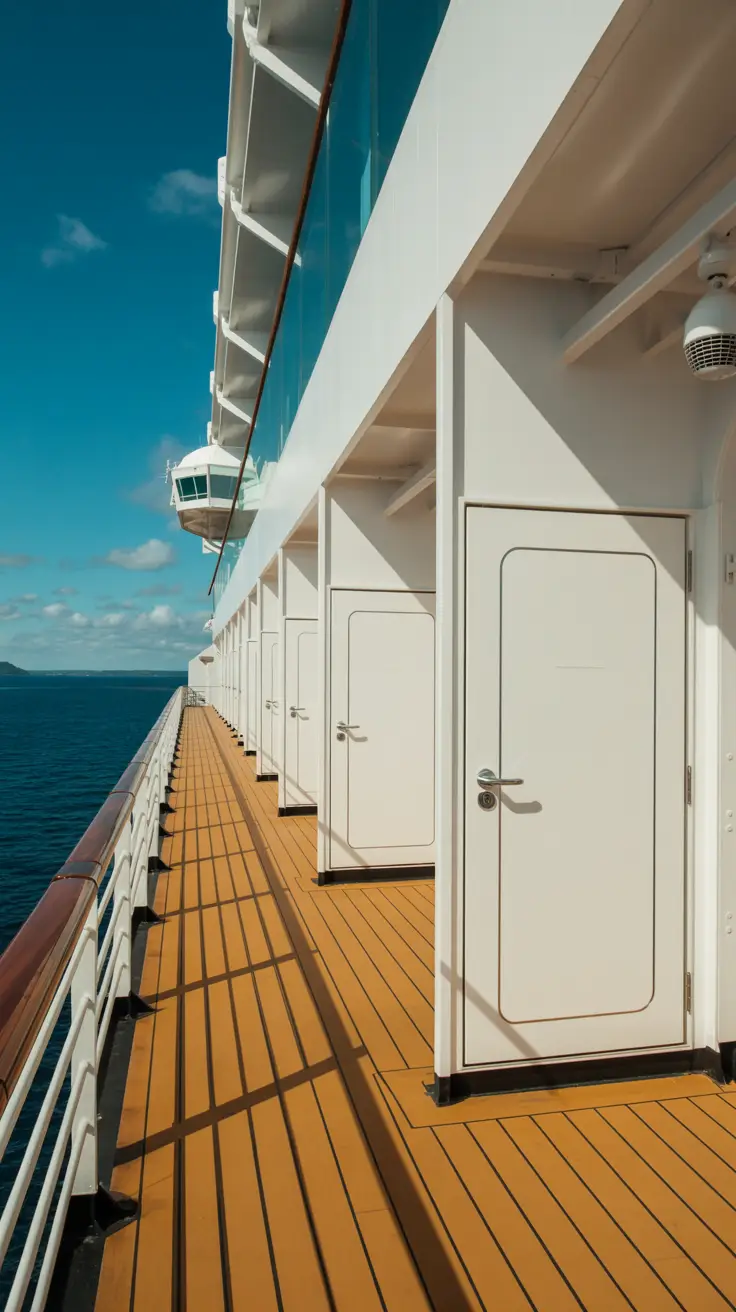A bright, sunny day illuminates a modern cruise ship deck, with a row of sleek white studio cabin doors framed by polished railings and soft shadows.
