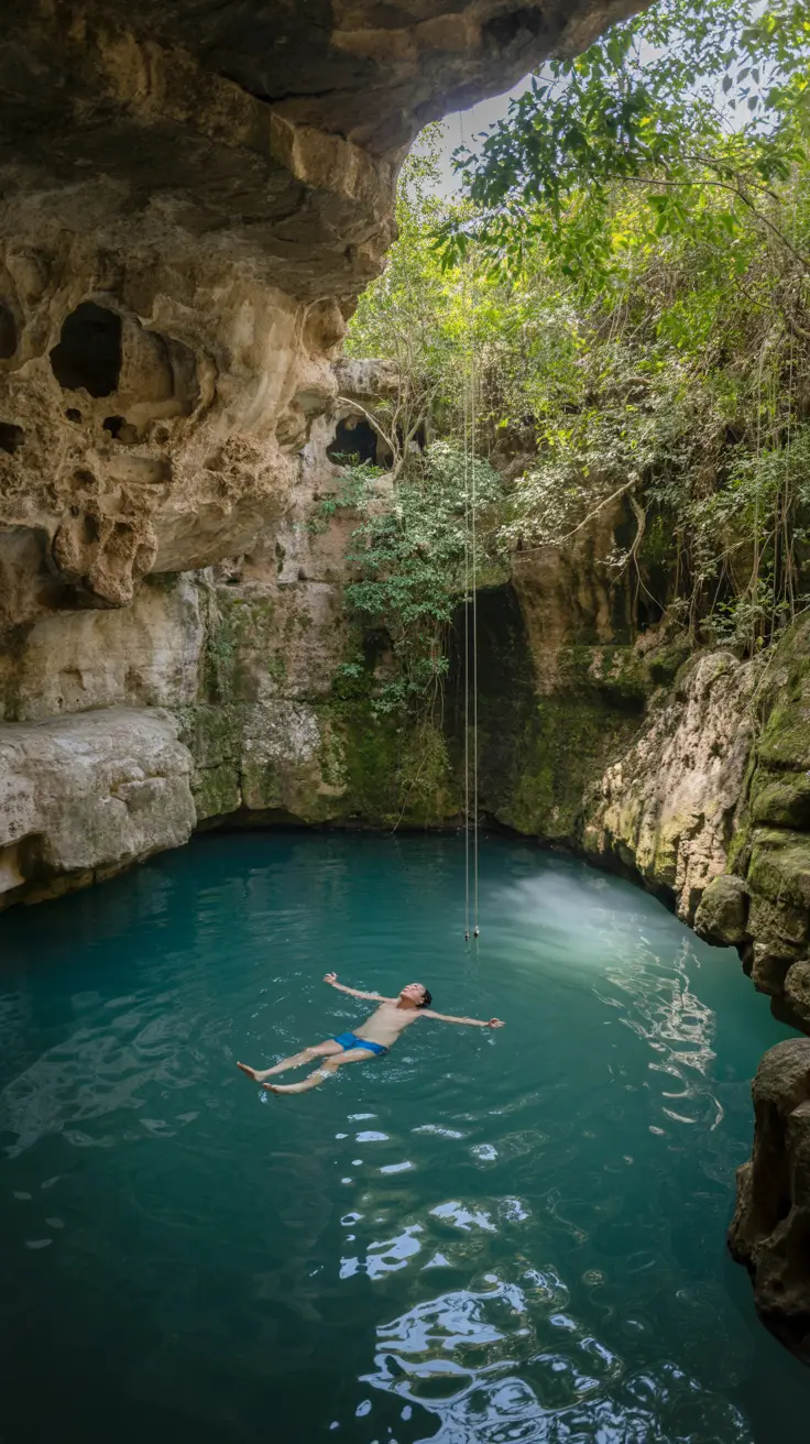 A swimmer floats peacefully in the clear turquoise waters of a cenote at Los Tres Ojos, surrounded by rugged limestone walls, lush greenery, and sunlight filtering through a cave opening.
