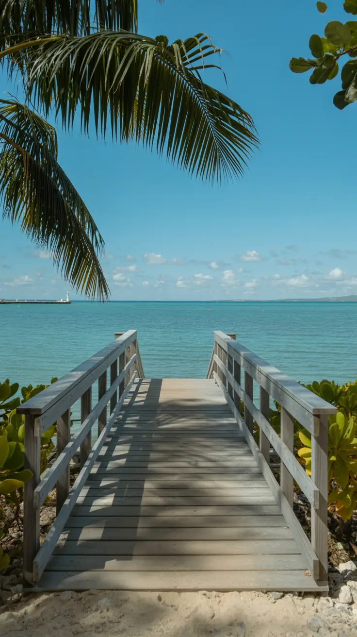 A bright, sunny day at Taino Bay showing a smooth, gently sloped wheelchair ramp extending from a wooden boardwalk to a sandy beach, bordered by lush tropical plants with calm, turquoise water sparkling in the background.