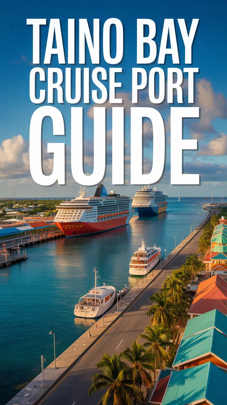 A vibrant travel poster of Taino Bay Cruise Port with cruise ships, palm-lined waterfront, Caribbean architecture, and sunlit turquoise waters.