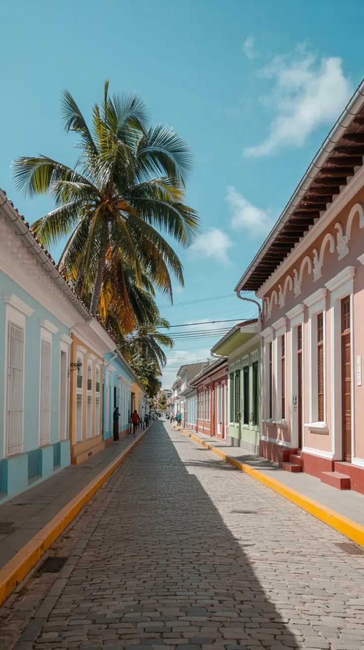 A sunlit cobblestone street in Puerto Plata, lined with pastel-colored colonial buildings and swaying palm trees, captured in crisp detail under a bright blue sky.