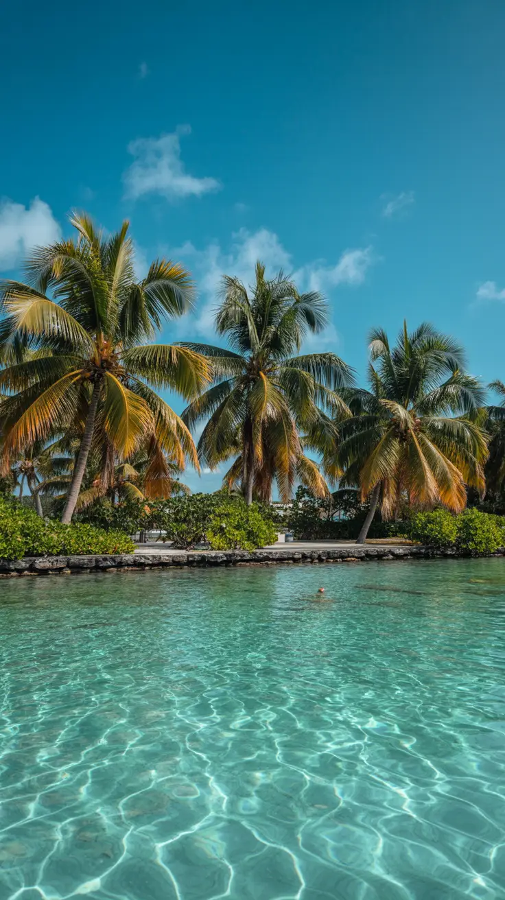 A bright sunny day at Taino Bay with crystal-clear turquoise water gently lapping against the shore and palm trees swaying under a clear blue sky.