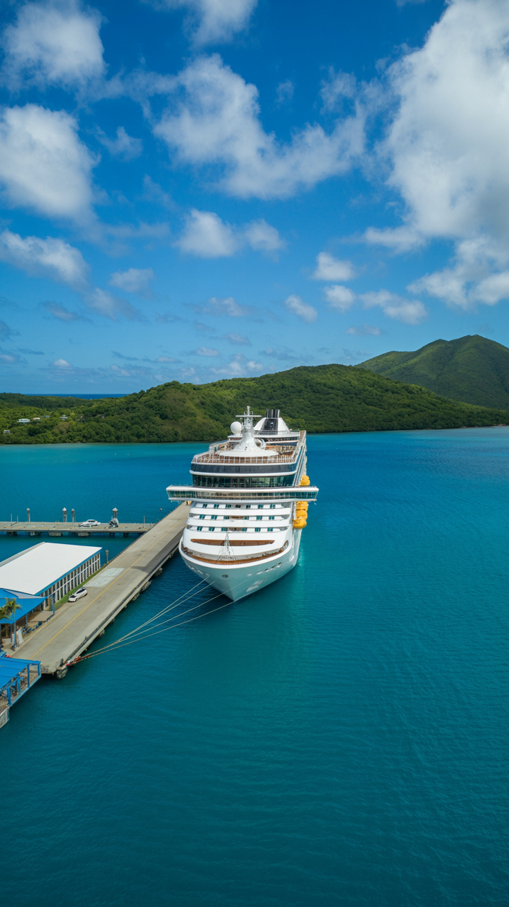 A high-end photograph taken on a bright sunny day shows a cruise ship docked at Taino Bay, with turquoise waters gently lapping against a modern pier and lush green hills rising in the background.