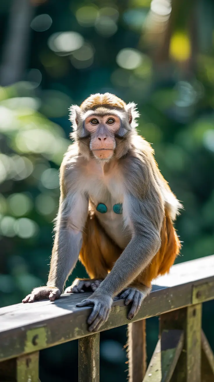 A bright sunny day at Taino Bay—one curious monkey perched on a wooden railing, its fur glowing in the sunlight, lush green jungle in the background.
