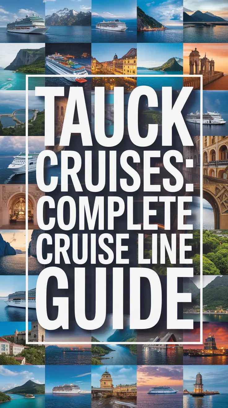 A vibrant product advertisement for Tauck Cruises showcases a central box with bold text reading "Tauck Cruises: Complete Cruise Line Guide," surrounded by a colorful collage of luxury cruise ships, exotic destinations like the Swiss Alps and Amalfi Coast, and cultural landmarks, reflecting premium, adventure-filled travel experiences. Alt Tag: Tauck Cruises advertisement featuring bold central text and vivid imagery of luxury liners, iconic landscapes, and cultural destinations.