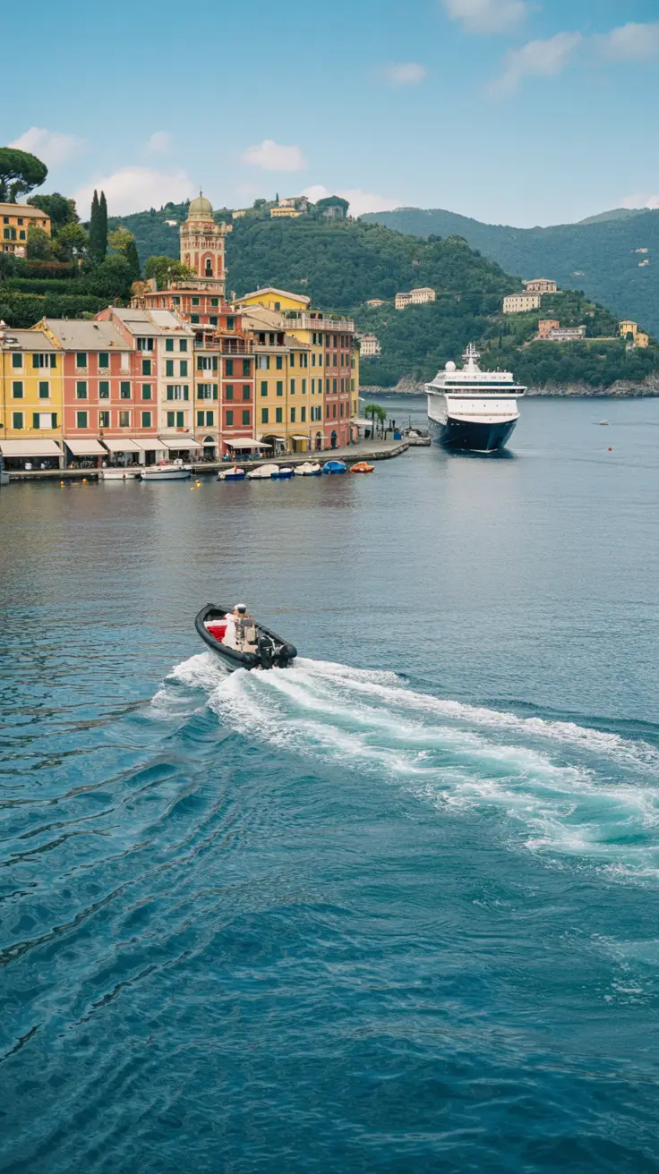 A bright, sunny day in Portofino: a single tender boat glides over sparkling blue water, approaching a cruise ship anchored just offshore, with the colorful hillside village in the soft-focus background.