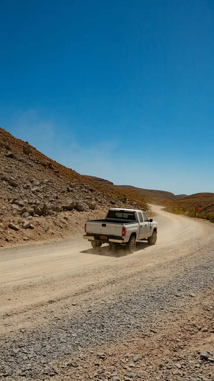 A lone dirt road winds through rocky hills under a bright blue sky, with a weathered pickup truck kicking up dust in the distance.