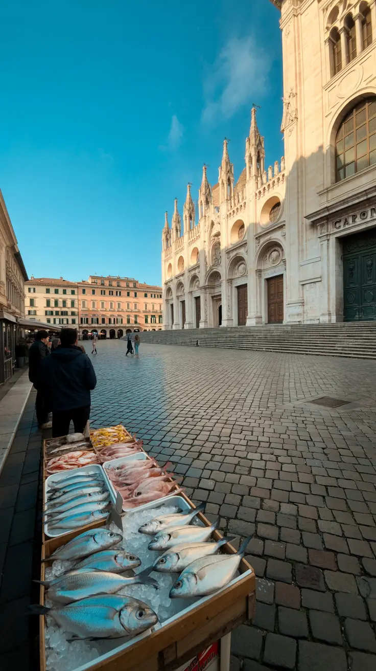 A sunlit Piazza Grande with a warm stone cathedral facade, soft cobblestone shadows, and locals browsing a seafood stall under a clear blue sky.