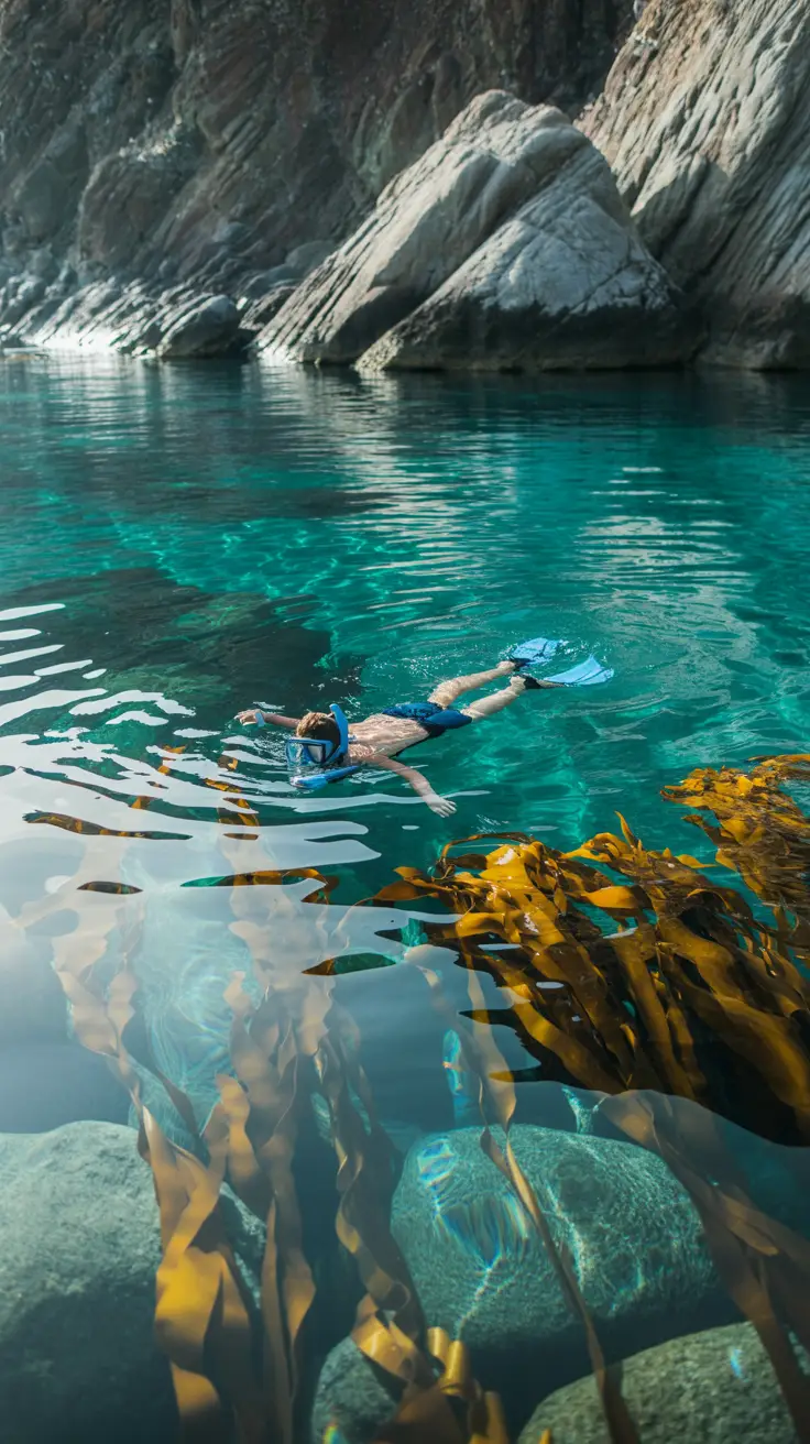 A crystal-clear cove with turquoise water rippling over smooth rocks, sunlight glinting on the surface, and a lone snorkeler drifting near vibrant, swaying kelp.