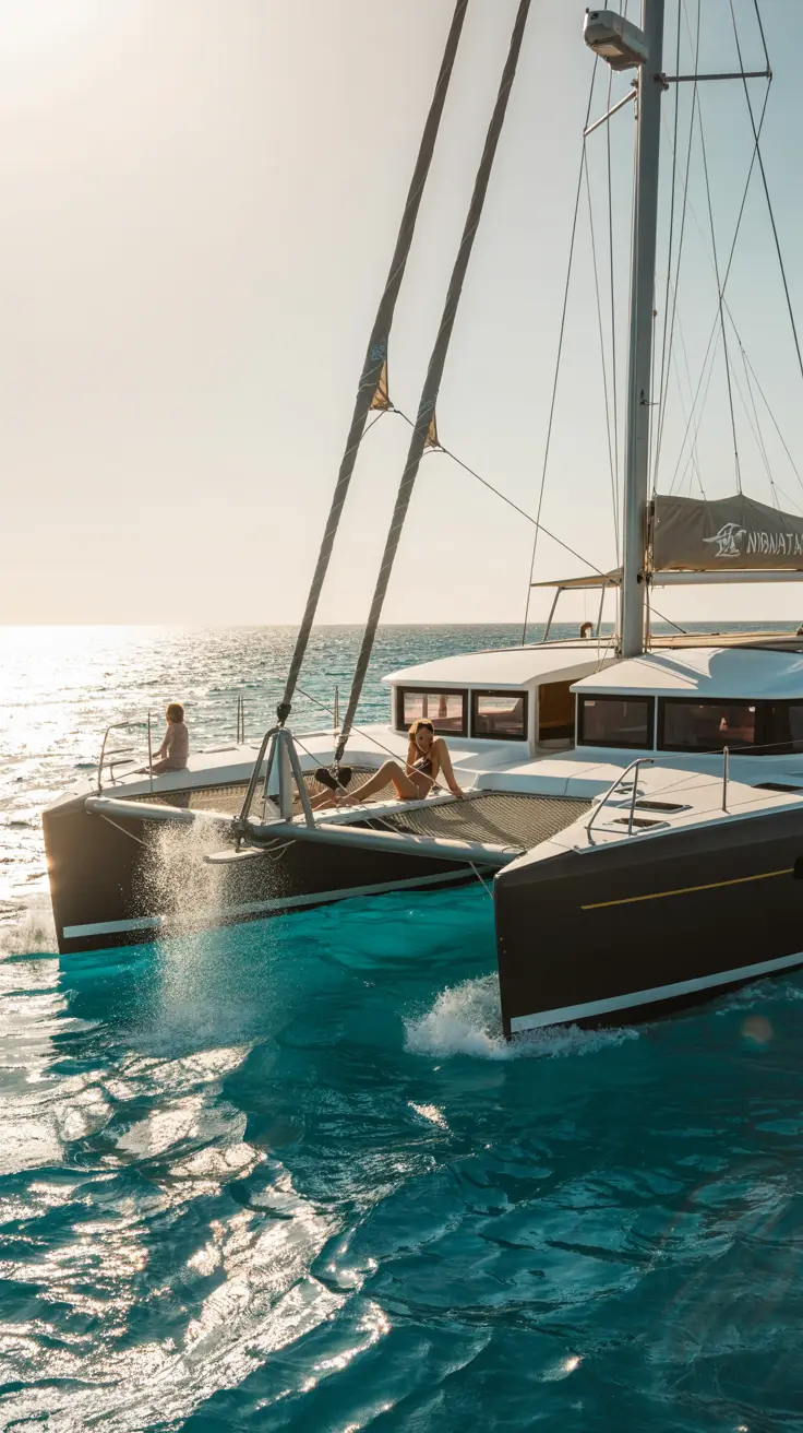 A sleek catamaran glides over turquoise waters on a sunny day, with passengers relaxing on the front netting as ocean spray sparkles in the light.