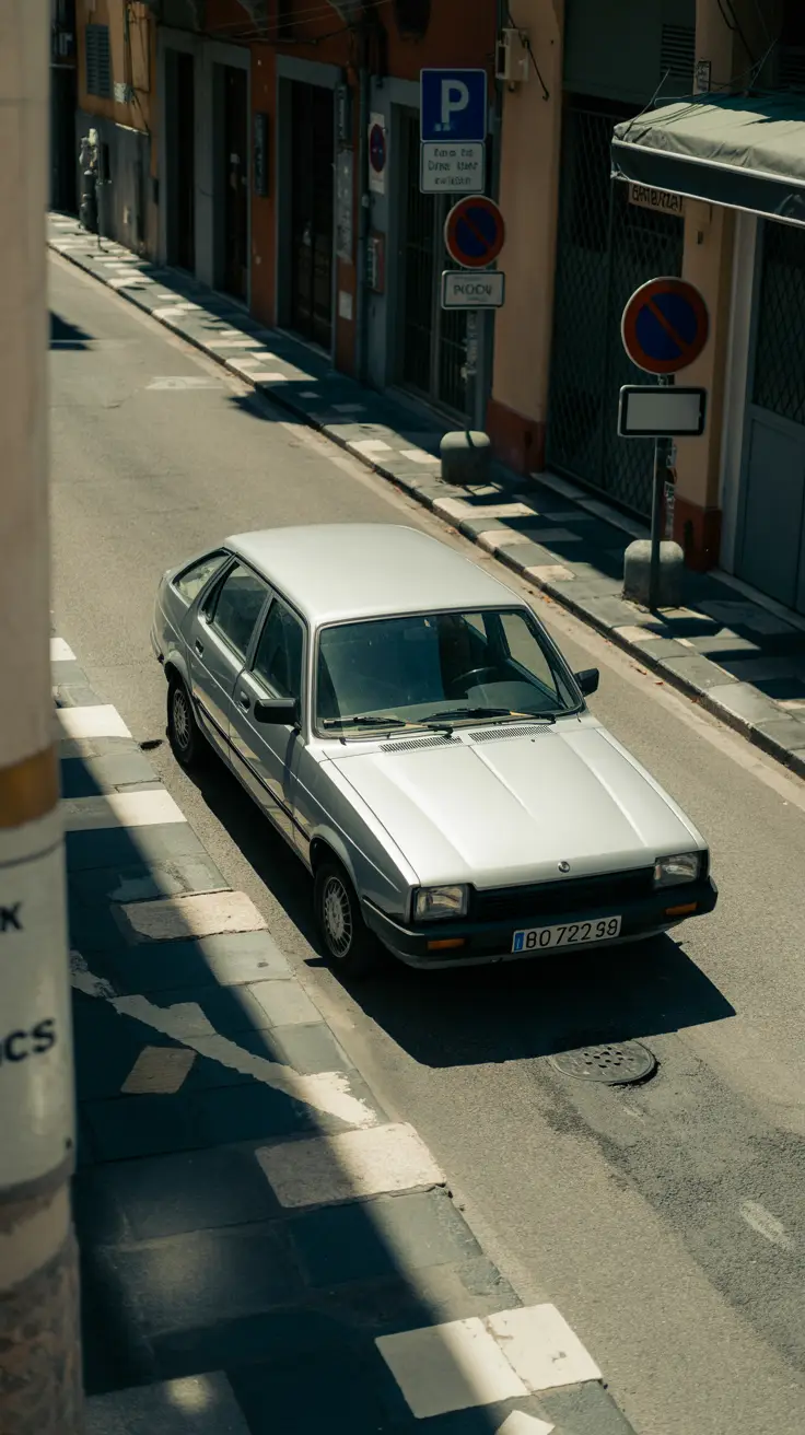 A silver hatchback sits alone on a sunlit, narrow street near the Naples cruise port, surrounded by faded curbs, signage, and sharp midday shadows.