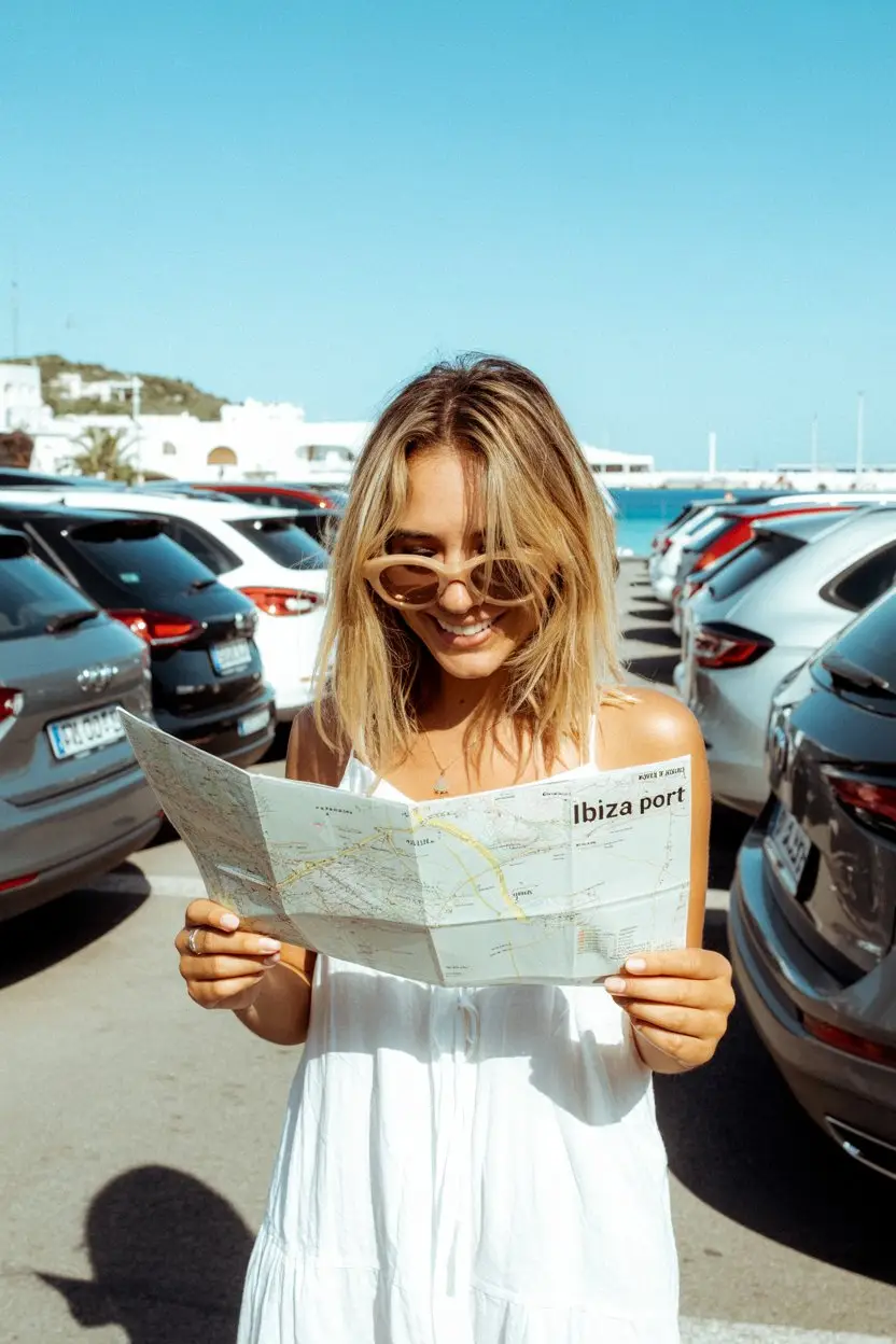 A vibrant, sun-drenched photograph capturing a close-up of a tourist standing in an Ibiza car park. The tourist is a young woman with tousled blonde hair and a carefree smile, wearing a flowing white sundress and oversized sunglasses, holding a map with the words "Ibiza Port" clearly visible. The background shows rows of parked cars bathed in the intense midday sun, with glimpses of turquoise water and white buildings in the distance, suggesting the proximity of the port. Soft shadows cast by the cars create a dynamic interplay of light and dark, enhancing the summery, relaxed atmosphere.