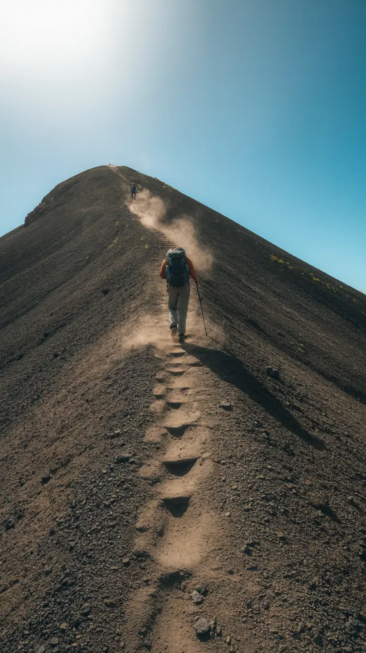 A lone hiker climbs a steep volcanic gravel trail under a clear blue sky with sharp sunlit shadows on the rugged path.
