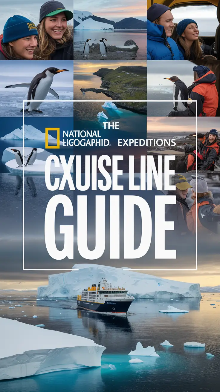 A dynamic product advertisement showcases "The National Geographic-Lindblad Expeditions Cruise Line Guide" with bold typography centered over a panoramic scene of an expedition ship navigating Antarctic waters, surrounded by icebergs and penguins. High-resolution images highlight wildlife, landscapes, and travelers on guided adventures, using cool tones and layered textures to evoke premium exploration. Alt Tag: Advertisement for National Geographic-Lindblad Expeditions Cruise Line Guide featuring bold title over Antarctic ship scene with icebergs, penguins, and adventure imagery.