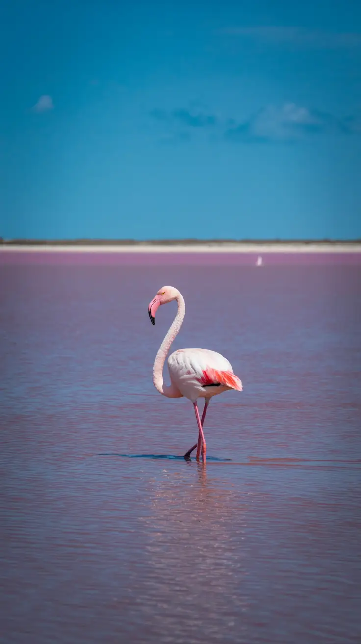 A lone flamingo wades through the vivid pink waters of Cabo Rojo’s salt flats under a bright, cloudless sky.