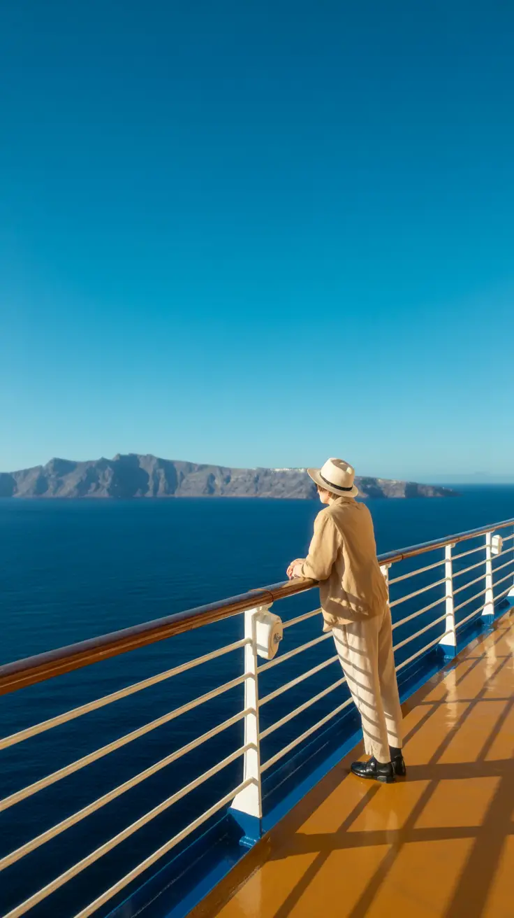 A lone traveler leans on a gleaming cruise ship railing, gazing at the sunlit Mediterranean coast under a flawless blue sky.