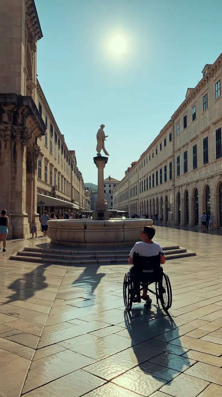 A wheelchair user pauses near Onofrio's Fountain on Dubrovnik’s sunlit Stradun, where smooth, timeworn stone casts sharp midday shadows.